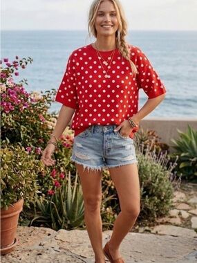 179. Polka dot oversized boxy short sleeve drop shoulder sweater red white